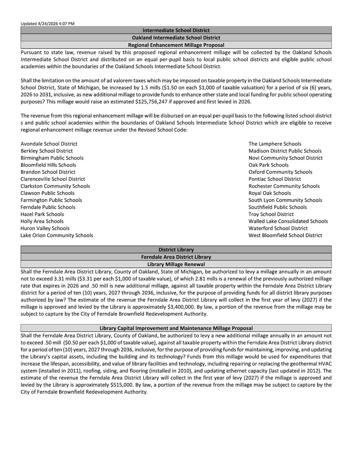 Official August 4, 2026 Oakland Schools Intermediate School District Regional Enhancement Millage Proposal ballot language